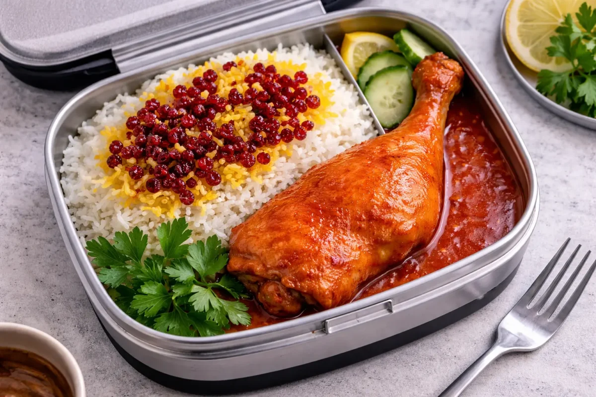 برنج و خوراک مرغ در ظرف غذای کارمندی انرژی‌زا