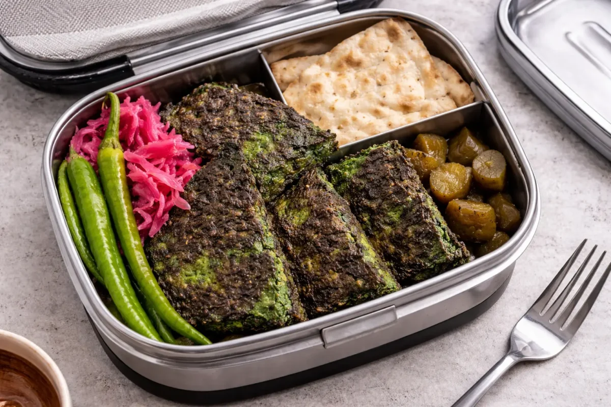 کوکو سبزی در ظرف غذا قابل حمل برای ناهار اداره