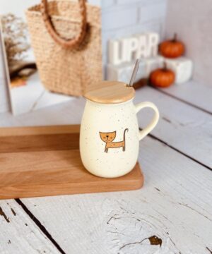 ماگ طرح گربه خنگول درب بامبو کد 7980
