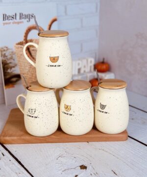 ماگ طرح گربه خنگول درب بامبو کد 7980