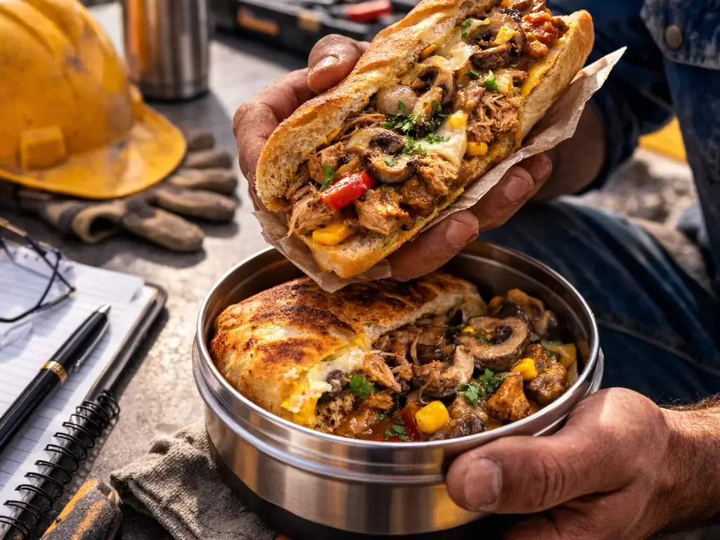 ساندویچ مرغ خانگی در ظرف غذا برای ناهار همسر
