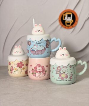 ماگ خرگوش و گل دسته قلبی درب سیلیکونی کد 7522