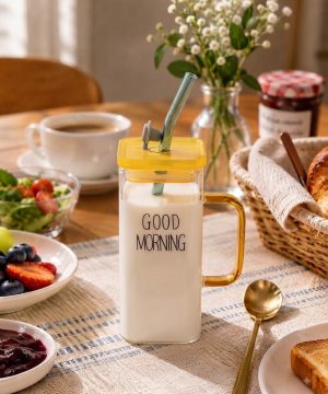 ماگ بلند پیرکس گودمورنینگ دسته رنگی درب دار GOOD MORNING کد 7660