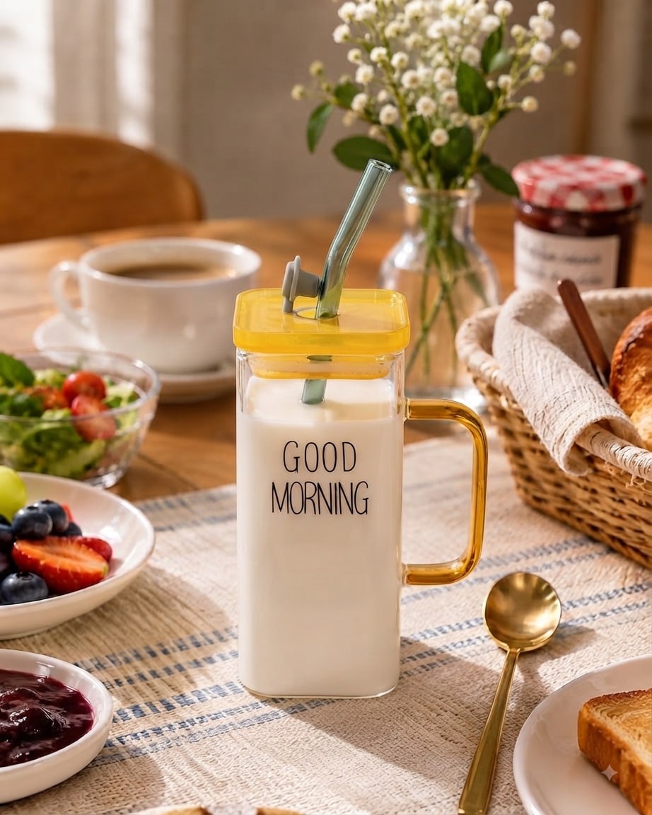 ماگ بلند پیرکس گودمورنینگ دسته رنگی درب دار GOOD MORNING کد 7660