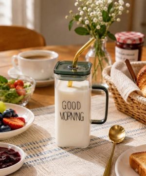 ماگ بلند پیرکس گودمورنینگ دسته رنگی درب دار GOOD MORNING کد 7660