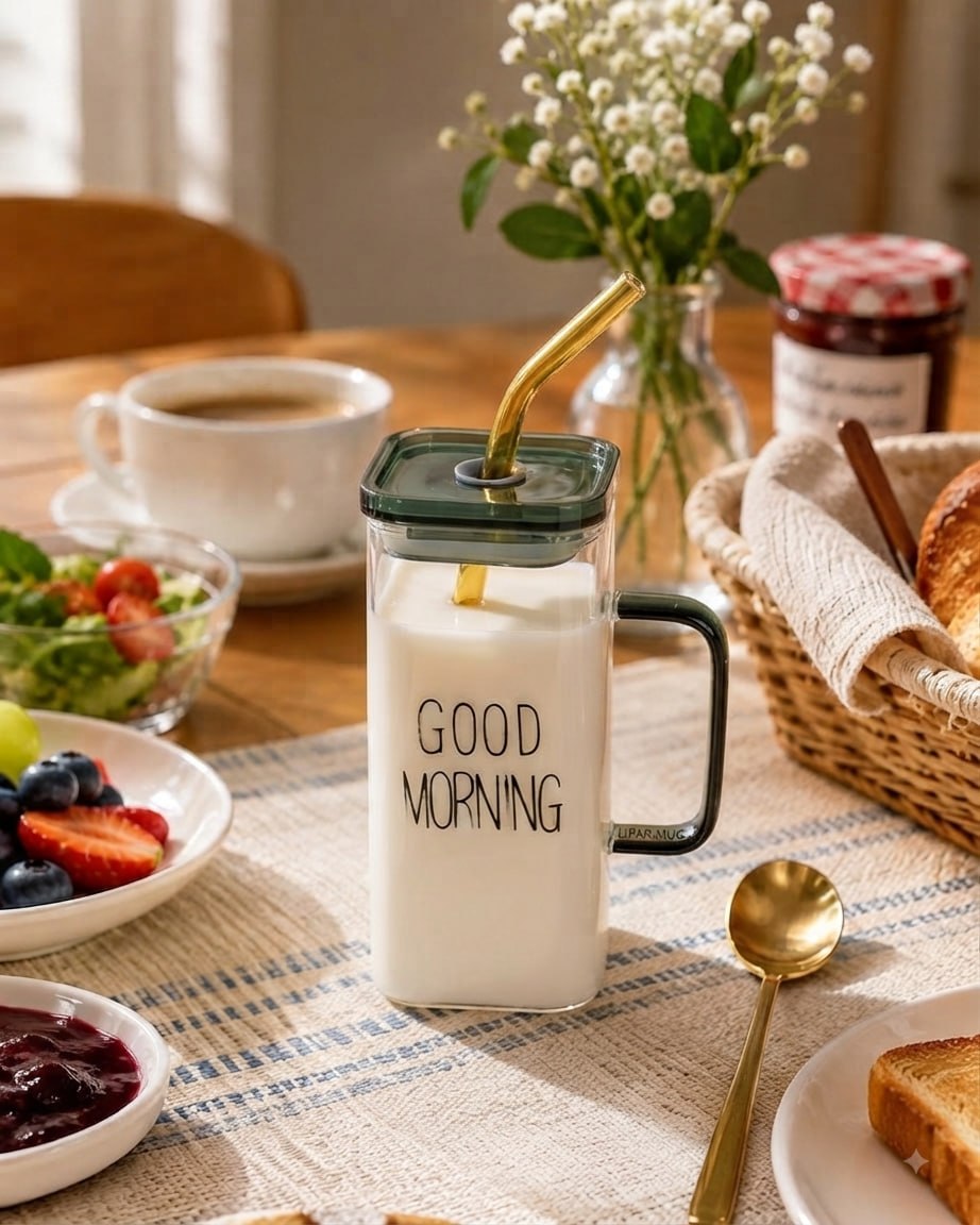 ماگ بلند پیرکس گودمورنینگ دسته رنگی درب دار GOOD MORNING کد 7660
