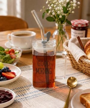 ماگ بلند پیرکس گودمورنینگ دسته رنگی درب دار GOOD MORNING کد 7660