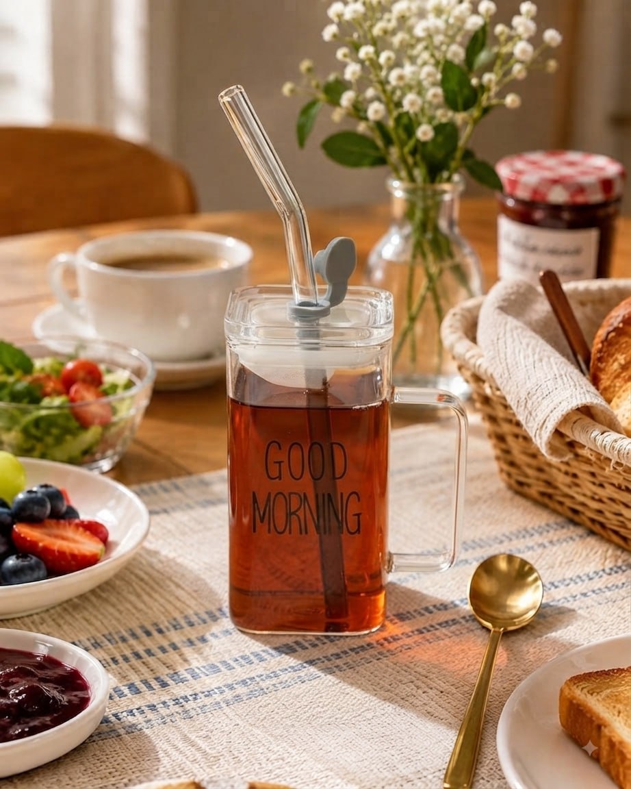 ماگ بلند پیرکس گودمورنینگ دسته رنگی درب دار GOOD MORNING کد 7660