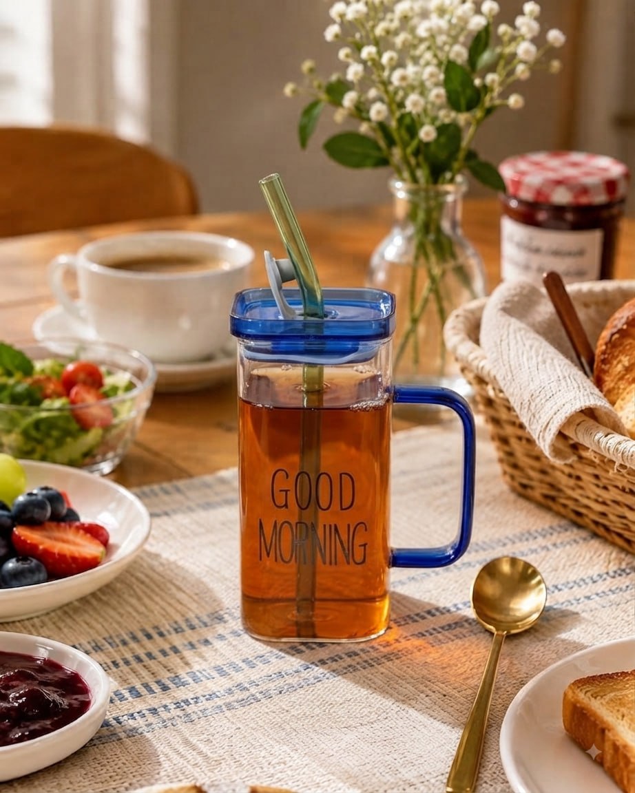 ماگ بلند پیرکس گودمورنینگ دسته رنگی درب دار GOOD MORNING کد 7660