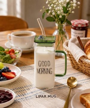 ماگ بلند پیرکس گودمورنینگ دسته رنگی درب دار GOOD MORNING کد 7660