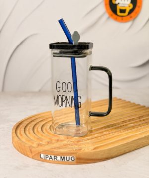 ماگ بلند پیرکس گودمورنینگ دسته رنگی درب دار GOOD MORNING کد 7660