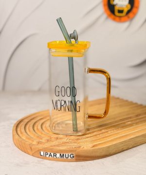 ماگ بلند پیرکس گودمورنینگ دسته رنگی درب دار GOOD MORNING کد 7660