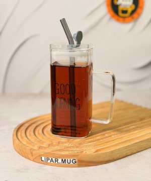 ماگ بلند پیرکس گودمورنینگ دسته رنگی درب دار GOOD MORNING کد 7660