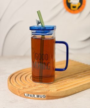 ماگ بلند پیرکس گودمورنینگ دسته رنگی درب دار GOOD MORNING کد 7660
