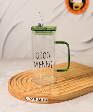 ماگ بلند پیرکس گودمورنینگ دسته رنگی درب دار GOOD MORNING کد 7660