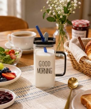 ماگ بلند پیرکس گودمورنینگ دسته رنگی درب دار GOOD MORNING کد 7660