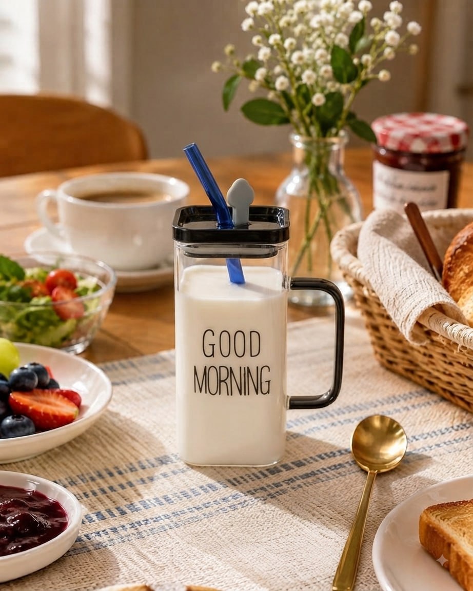 ماگ بلند پیرکس گودمورنینگ دسته رنگی درب دار GOOD MORNING کد 7660