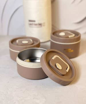 لانچ باکس و ظرف غذای سه تیکه شکلاتی استیل با کیف برزنتی عایق حرارتی کد 7722